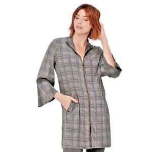 XCVI Large Full Zip Mock Neck Tunic Dress Cargo Pockets Bell Sleeve Plaid